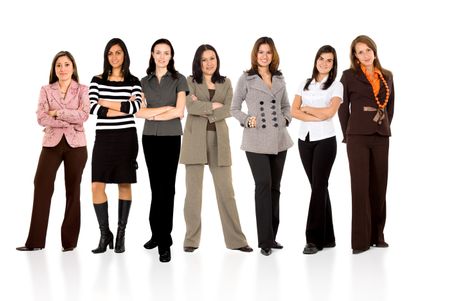 business team formed of young businesswomen standing over a white background with reflections