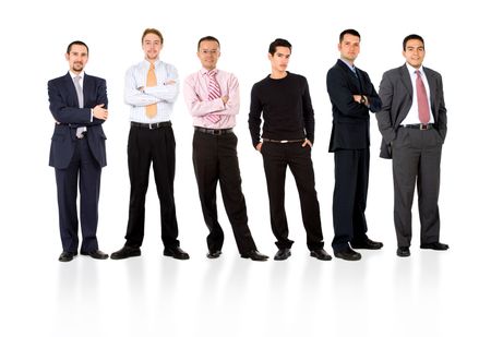 business team formed of young businessmen standing over a white background with reflections