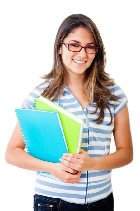 Female student with notebooks - isolated over a white background