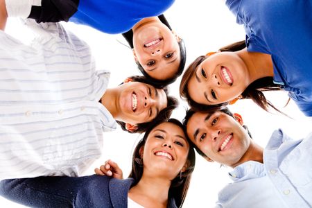 Group of close friends in a circle ans smiling - isolated