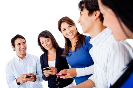 Group of friends texting on their mobile phones - isolated over a white background