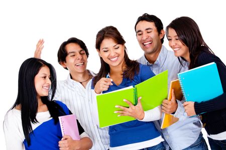 Group of students smiling and looking at notebook - isolated over a white background