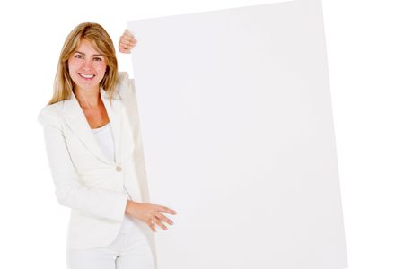 Businesswoman with a banner displaying something - isolated over white