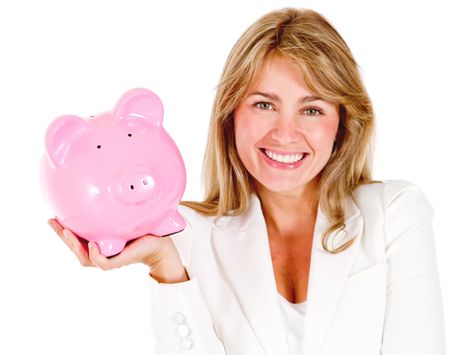 Businesswoman saving money in a piggybank - isolated over white