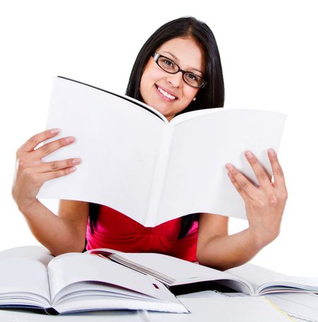Female student reding a book - isolated over a white background