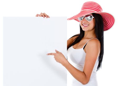 Female tourist with a banner - isolated over white