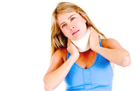 Woman with a neck injury - isolated over a white background