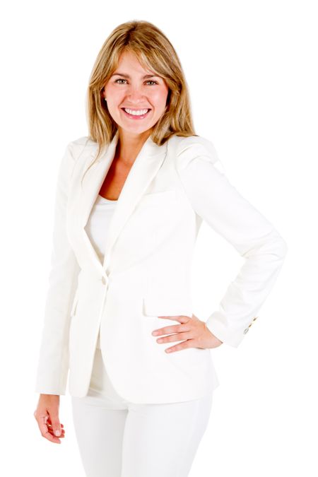 Successful business woman smiling - isolated over a white background
