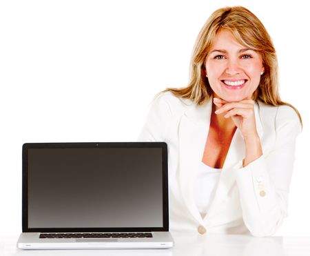 Online business woman with a computer - isolated over a white background