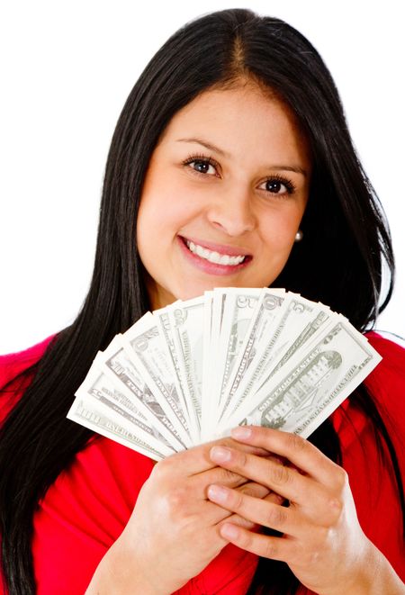 Rich woman holding a bunch of bills - isolated over a white background