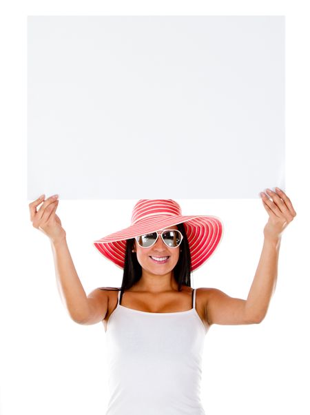 Woman going on holidays and holding a banner - isolated