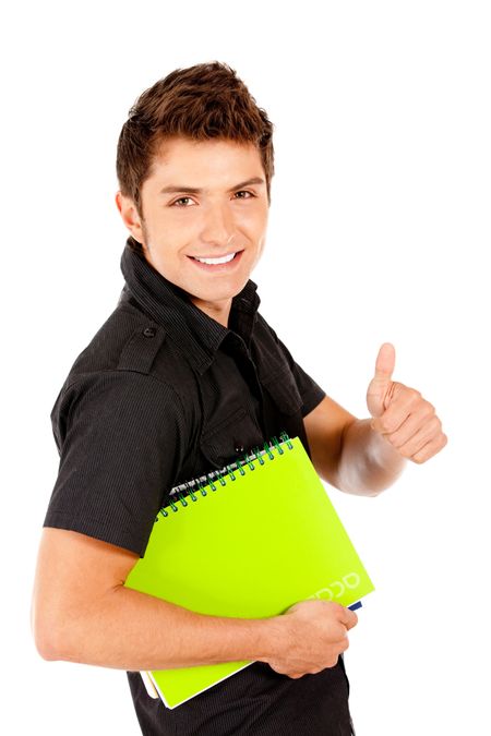 Male student holding a notebook - isolated over white