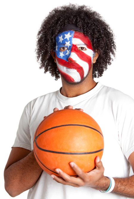 American basketball fan with the USA flag painted on his face - isolated