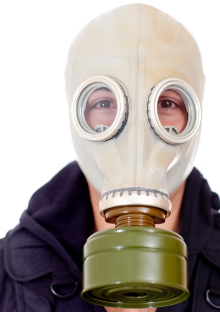 Man wearing a gas mask on his face - isolated over a white background