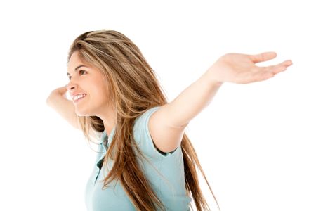 Happy woman with arms open - isolated over white