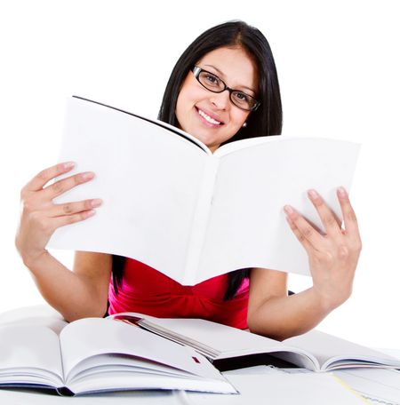 Geeky woman studying with books - isolated over a white background