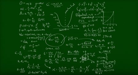 Math formulas written on a green chalkboard