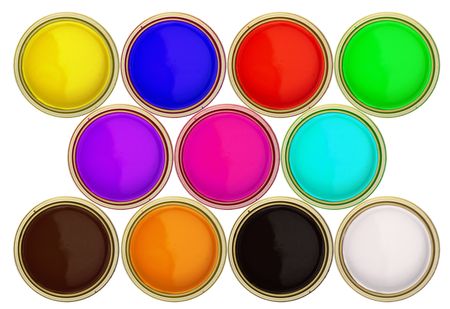 paint buckets in different colours isolated over a white background