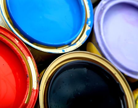 paint buckets close up in different colours
