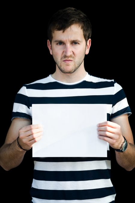 Wanted guy holding a blank banner and wearing a striped t-shirt