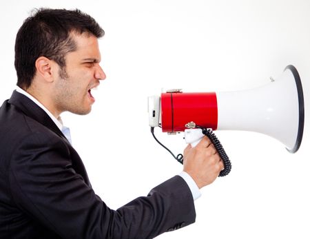 Businessman yelling through a megaphone - isolated over white