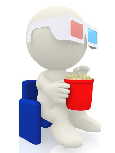 Cartoon with 3D glasses watching a movie at the cinema - isolated over white