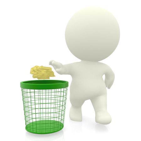 3D guy throwing paper in the bin - isolated over a white background