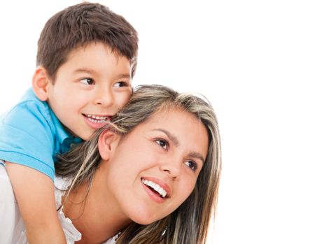 Beautiful portrait of a mother and son - isolated over a white background