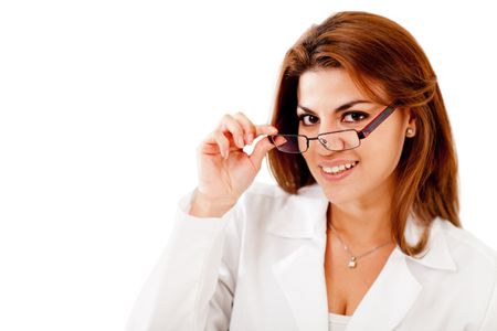 Woman wearing glasses - isolated over a white background