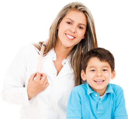 Pediatrician with a young patient - isolated over a white background
