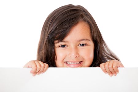 Little girl holding a banner - isolated over a white background