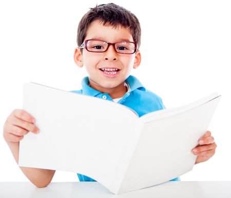 Young boy studying - isolated over a white background