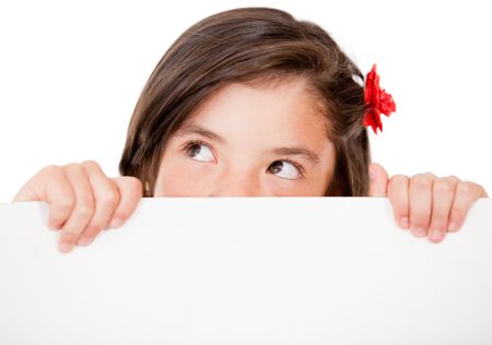 Pensibe girl holding a banner - isolated over a white background