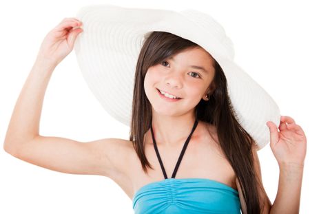 Beautiful girl wearing a hat excited about her summer holidays - isolated