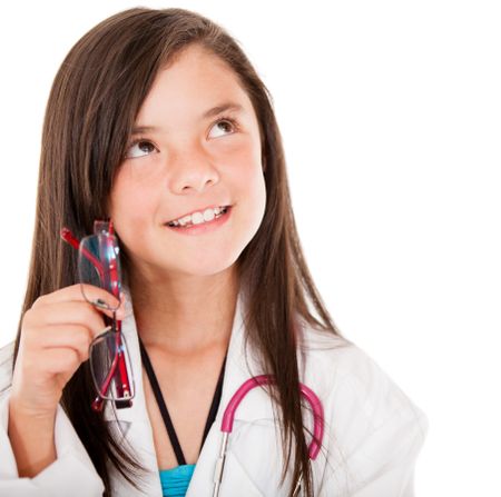 Young female doctor holding glasses - isolated over a white background