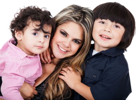 Happy mother with two sons - isolated over a white background