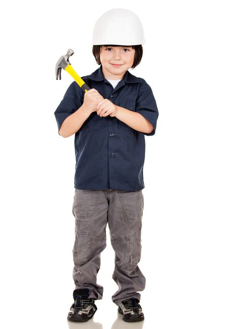 Boy playing to be construction builder - isolated over a white background