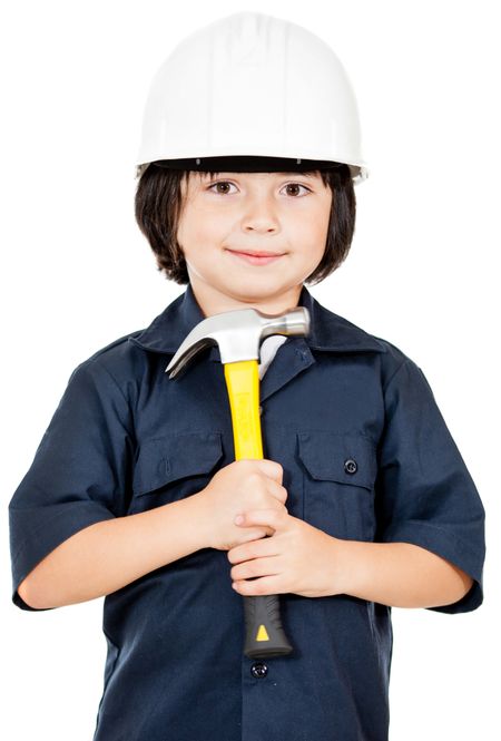 Construction worker with a helmet and hammer - isolated over white