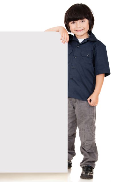 Boy holding a banner - isolated over a white background