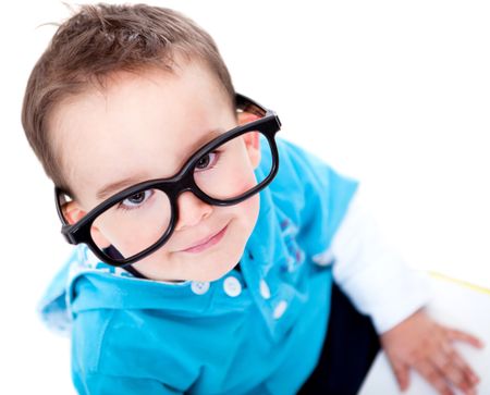 Funny boy wearing big glasses - isolated over a white background