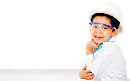 Young male engineer wearing a helmet - isolated over white