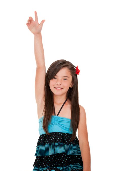 Girl rising her hand - isolated over a white background