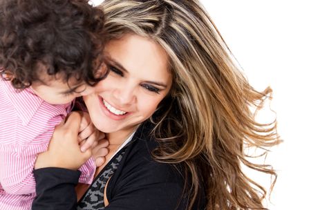 Happy mother and son having fun - isolated over a white background