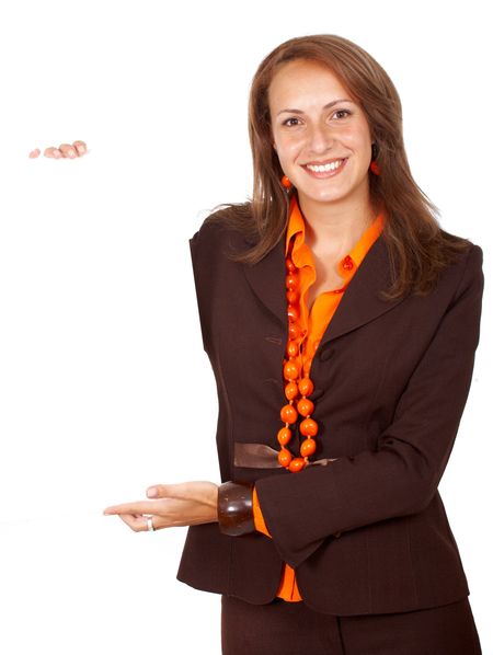 business woman displaying a banner add isolated over a white background