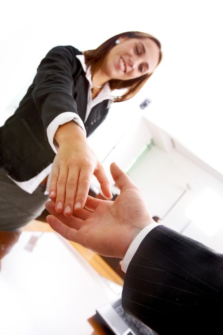 business deal in an office with a girl smiling