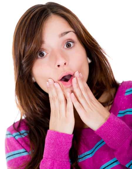 Portrait of a woman looking suprised - isolated over white