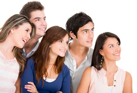 Group of people looking up - isolated over a white background