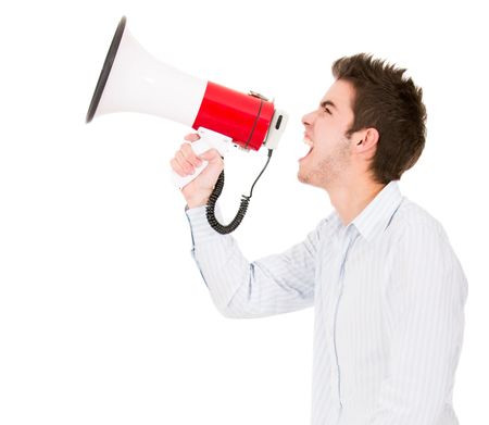 Man screaming with megaphone - isolated over a white background