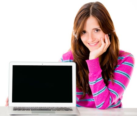 Woman with a laptop computer - isolated over white background
