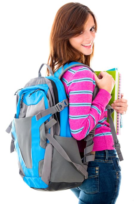 Female student with a bag - isolated over white background